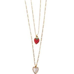 LUNA NORTE Gold 2pc Strawberry And Heart Charms Necklace Set